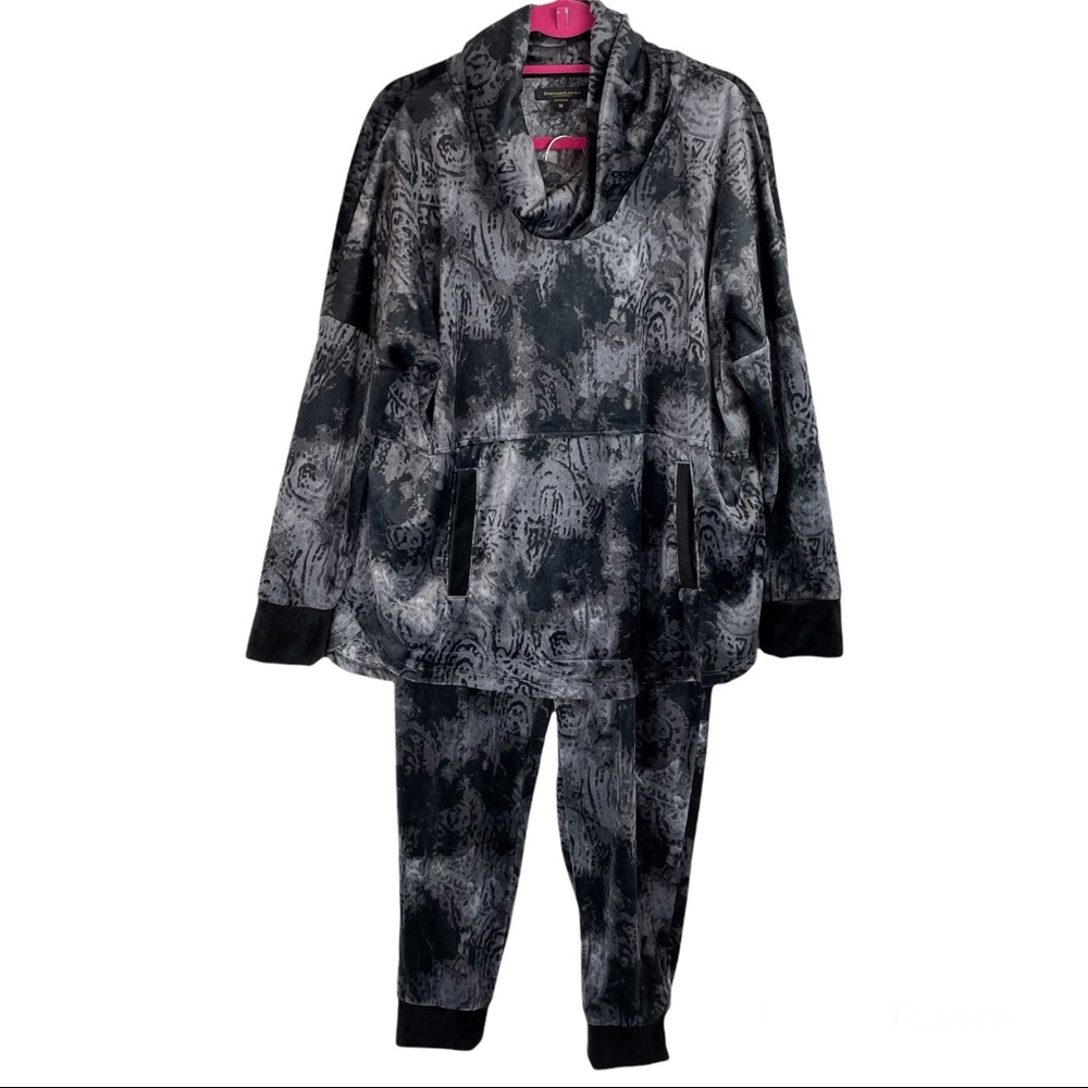 Womens Donna Karan Sleepwear Black Velour Cowlneck Sweatshirt Pants Lounge Set